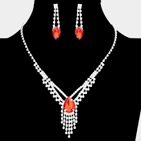 Red Silver Droplet Fringe Rhinestone Crystal Necklace Jewelry Formal Black Tie - Picture 2 of 8